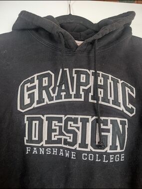 Classic Black Hoodie with Gray Graphic Design Fanshawe College Logo